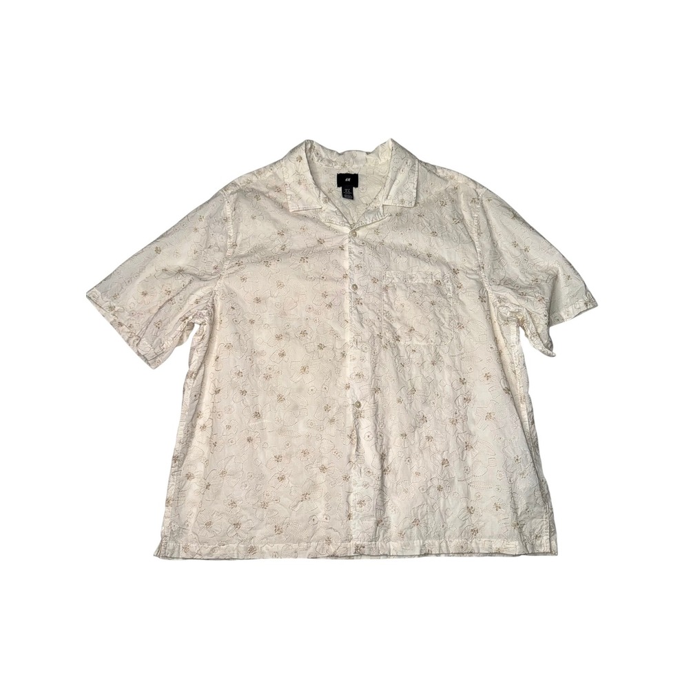 H&M Button‎ Down Shirt Mens XL White Floral Embroidered Camp Collar Short Sleeve